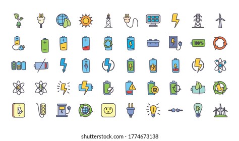 diseño de conjunto de iconos de estilo de línea y relleno, carga de tecnología de energía ecológica y tema ecológico Ilustración vectorial