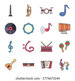 line and fill style icon set design, Music instruments sound melody song musical art and composition theme Vector illustration