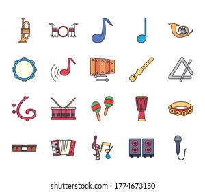 line and fill style icon set design, Music instruments sound melody song musical art and composition theme Vector illustration