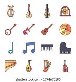 line and fill style icon set design, Music instruments sound melody song musical art and composition theme Vector illustration