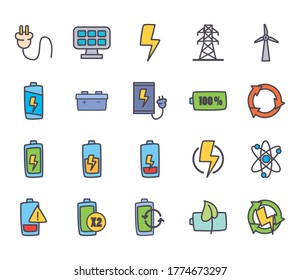 line and fill style icon set design, eco energy power technology charge and eco theme Vector illustration