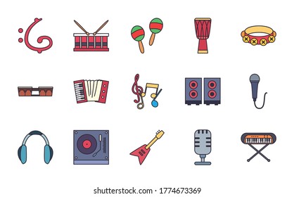 diseño de conjunto de iconos de línea y de relleno, instrumentos musicales sonar melodía música arte musical y composición Tema de representación Ilustración vectorial