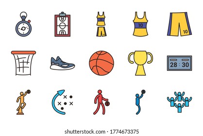 line and fill style icon set design, Basketball sport hobby competition and game theme Vector illustration