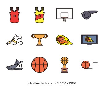 line and fill style icon set design, Basketball sport hobby competition and game theme Vector illustration