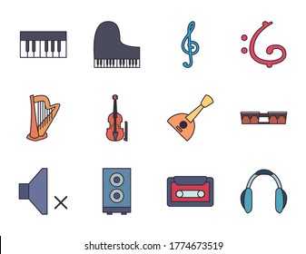 line and fill style icon set design, Music instruments sound melody song musical art and composition theme Vector illustration