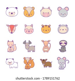 line and fill style icon set of cute animals design, zoo life nature and character theme Vector illustration
