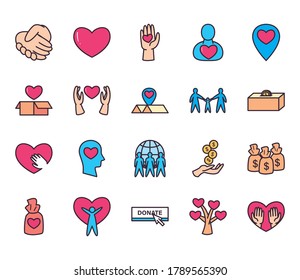 line and fill style icon set design of Charity donation and volunteer theme Vector illustration