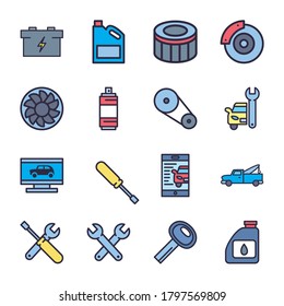 diseño de conjunto de iconos de estilo de línea y relleno, servicio de reparación de coches y tema del vehículo Ilustración del vector