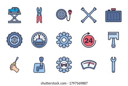 line and fill style icon set design, Repair service car and vehicle theme Vector illustration