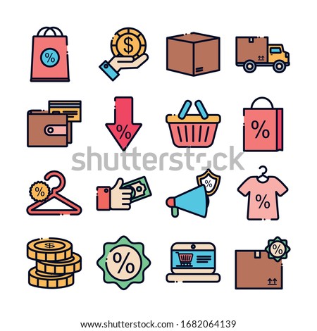 line fill style icon set design of Sale shopping commerce market store shop retail buy paying banking and consumerism theme Vector illustration