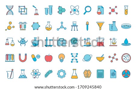 Line and fill style icon set design, Science chemistry laboratory research technology biology equipment and test theme Vector illustration