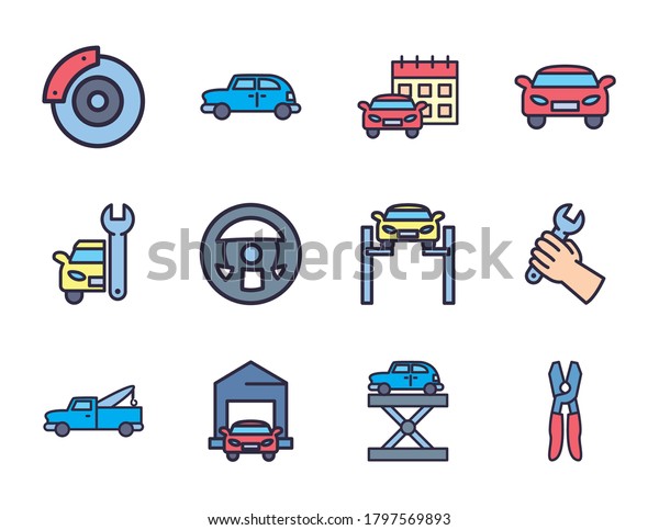 line and fill style icon set\
design, Repair service car and vehicle theme Vector\
illustration