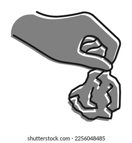 Line filled with gray color icon. Hand Throws Used Paper Napkin Into Trash. Disposal And Recycling Of Household Waste. Simple black and white vector Isolated On white background