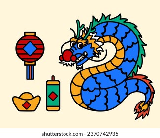 Line filled style CNY dragon set isolated on pale yellow background. Including lantern, firecracker, gold ingot and dragon.