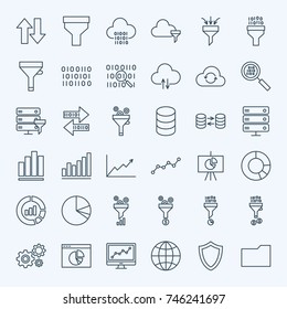 Line Filter Funnel Icons. Vector Set of Outline Data Analysis Symbols.