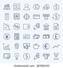 Line Finance Money and Banking Icons Set. Vector Set of 36 Line Art Modern Icons for Web and Mobile. Bank and Banking. Debit and Credit. Money and Finance. Business Investments and Earnings Objects.