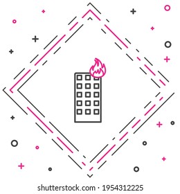 Línea de fuego al quemar un edificio en un icono de la calle de la ciudad aislado en un fondo blanco. Concepto de esquema colorido. Ilustración vectorial