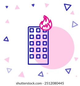 Línea de fuego en el edificio en llamas en el icono de la calle de la ciudad aislado en el fondo blanco. Concepto de contorno colorido. Ilustración vectorial