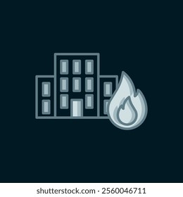 Line Fire in burning buildings on city street icon isolated on black background. Destroyed city on fire. Flat filled outline style with shadow. Vector