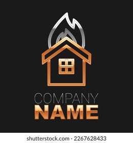 Line Fire in burning house icon isolated on black background. Insurance concept. Security, safety, protection, protect concept. Colorful outline concept. Vector