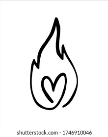 Line fire heart and flame. Graphic element vector. Sketch fire heart, in love. Hand drawing hot black tattoo illustration on white vintage background. Line bonfire draw. Retro brush outline love