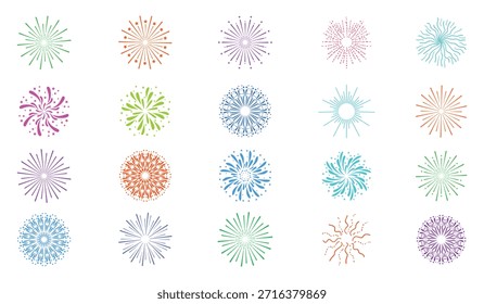 Conjunto de iconos de petardo de línea. Explosiones radiales coloridas de fuegos artificiales y explosiones circulares de explosión estelar con destellos. Vibrantes Elementos de Vector de celebración festiva.
