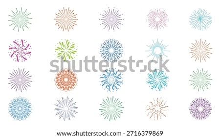 Line Firecracker Icon Set. Colorful Radial Firework Bursts and Circular Starburst Explosions with Sparkles. Vibrant Festive Celebration Vector Elements.