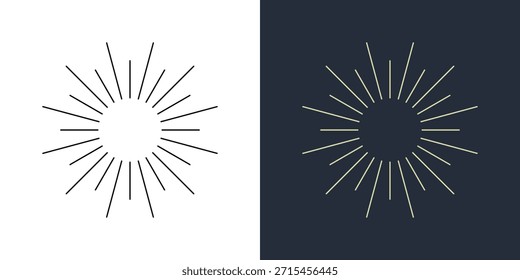 Línea petardos. Iconos de sol lineales de fuegos artificiales radiales coloridos. Antiguas sunburst puesta. Rayos de explosión Fuegos artificiales explosión estelar, chispa radiante. Rayos. Decoración festiva vibrante, diseño de celebración, efecto de superposición. Conjunto de Vector simple