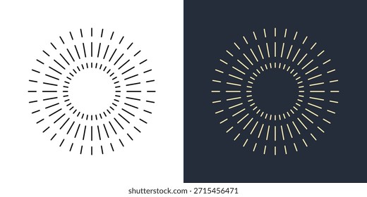 Foguetes de linha. Cor radial fogo de artifício linear sol ícones. Conjunto de sunburst vintage. Raios de ruptura explosão de fogo de artifício, Radiant Spark. Raios. Decoração festiva vibrante, design de celebração, efeito de sobreposição. Conjunto de vetores simples