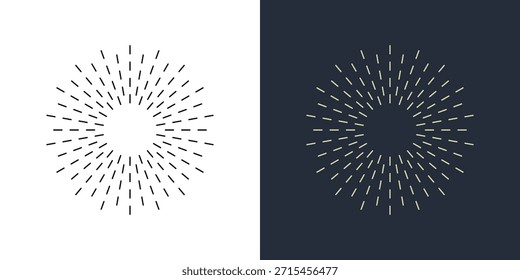 Foguetes de linha. Cor radial fogo de artifício linear sol ícones. Conjunto de sunburst vintage. Raios de ruptura explosão de fogo de artifício, Radiant Spark. Raios. Decoração festiva vibrante, design de celebração, efeito de sobreposição. Conjunto de vetores simples