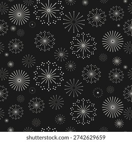 Line firework seamless pattern on black background with elegant burst and sparkle elements, perfect for celebration design, holiday packaging, party invitations, branding, wrapping paper.Vector 
