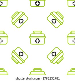 Line Erste Hilfe Kit Symbol einzeln auf weißem Hintergrund. Medizinische Box mit Kreuz. Medizinische Ausrüstung für Notfälle. Konzept der Gesundheitsversorgung. Farbiges Rahmenkonzept. Vektorgrafik
