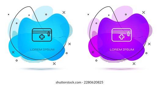 Line First aid kit icon isolated on white background. Medical box with cross. Medical equipment for emergency. Healthcare concept. Abstract banner with liquid shapes. Vector Illustration