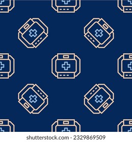 Line First aid kit icon isolated seamless pattern on blue background. Medical box with cross. Medical equipment for emergency. Healthcare concept.  Vector