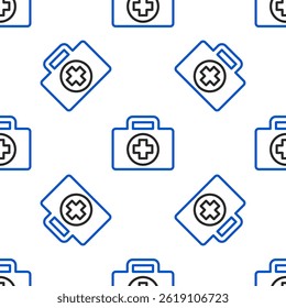 Line First aid kit icon isolated seamless pattern on white background. Medical box with cross. Medical equipment for emergency. Healthcare concept. Colorful outline concept. Vector