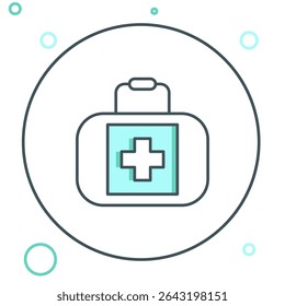 Línea Icono del kit de primeros auxilios aislado sobre fondo blanco. Caja médica con cruz. Equipos médicos de emergencia. Concepto sanitario. Concepto de contorno colorido. Vector