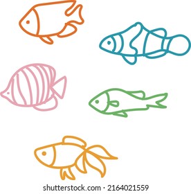 Line Fish Drawing, Tropical Fish, Clown Fish, Small Fish Etc.