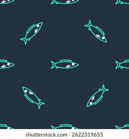 Line Fish-Symbol einzeln, nahtloses Muster auf schwarzem Hintergrund.  Vektorgrafik