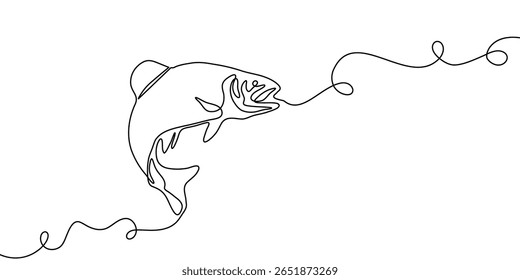 Linha peixe salmão arte contínua ícone vetor atum desenho truta frutos do mar. Linha de salmão de peixe uma simples mão esboço ilustração tipo de água gancho de comida linear mar fin lagoa dia esboço silhueta logotipo oceano.