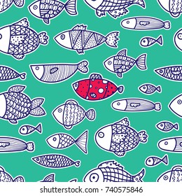 Line fish. Seamless pattern with cute ornamental fish. Sea background.