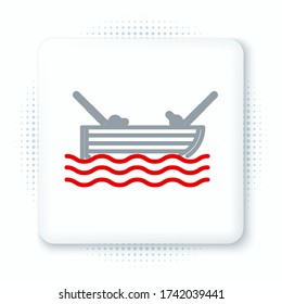 Line Fishing boat with fishing rod on water icon isolated on white background. Colorful outline concept. Vector
