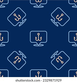 Line Fishing hook icon isolated seamless pattern on blue background. Fishing tackle.  Vector