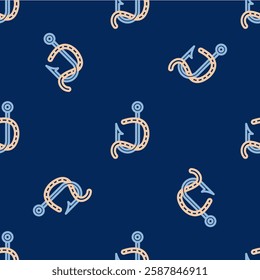 Line Fishing hook and worm icon isolated seamless pattern on blue background. Fishing tackle.  Vector