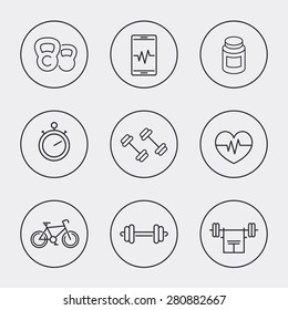 line fitness, gym icons in circles, vector illustration, eps10, easy to edit