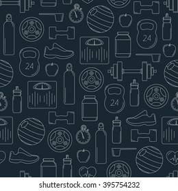 Line fitness seamless pattern; vector illustration with sport and gym objects: shoes, ball, stopwatch, apple, weight, dumbbells on dark background