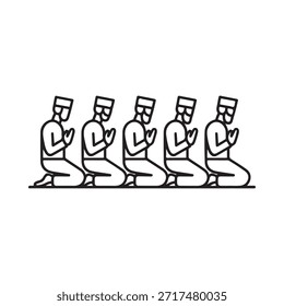 Una línea de cinco figuras arrodilladas en oración simple ilustración en blanco y negro