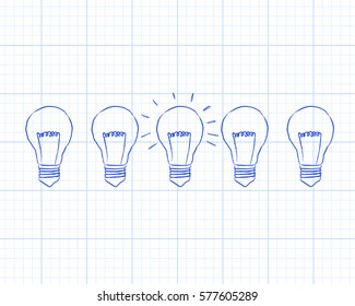 Line of five lights bulbs with middle bulb illuminated on graph paper background