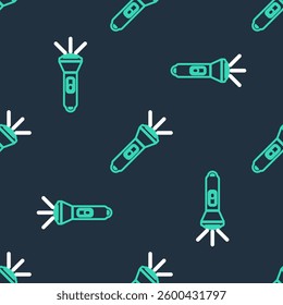 Line Flashlight icon isolated seamless pattern on black background.  Vector