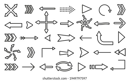 Line flat arrow icons set isolated on white background. Different shape pointer collection. Simple cursor symbol for graphic design, mobile apps, web interface. Up, down, left, right direction sign