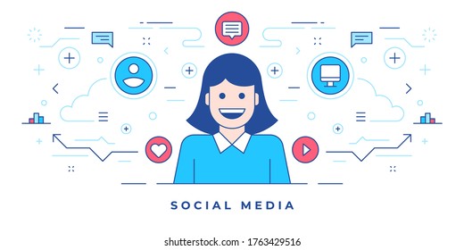 Diseño de pancartas planas en línea con mujer feliz e iconos creados para un sitio web moderno que ofrece servicio de marketing en medios sociales. Plantilla de diseño de estilo lineal.